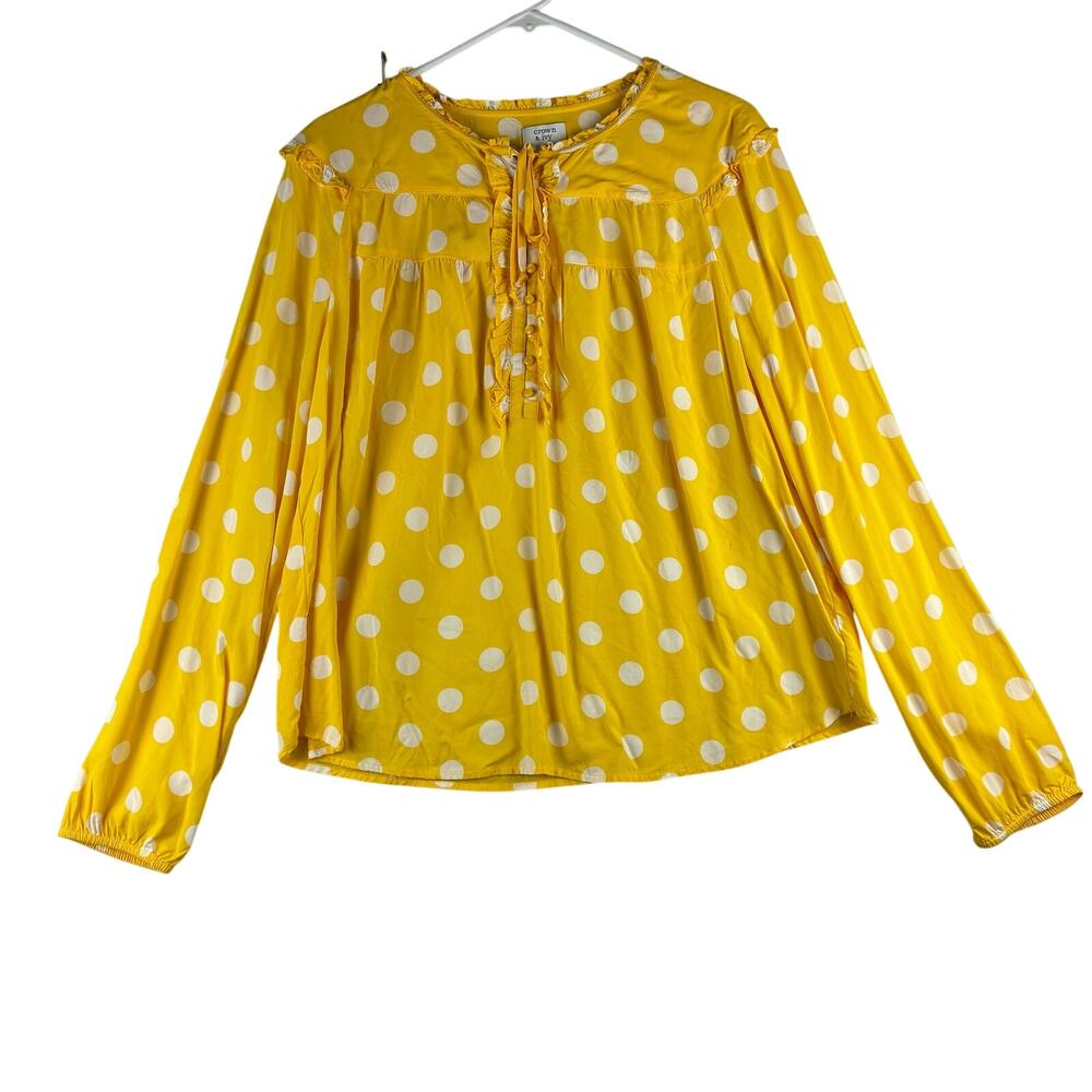 Crown & Ivy Blouse Women XL Yellow White Polka Dot Tweed Fun Girly Cheery Ruffle